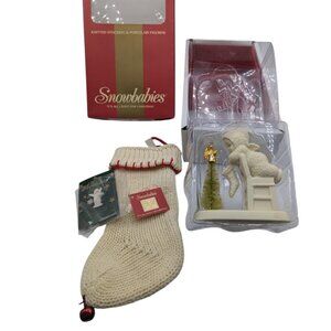 Snowbabies "Its All I Want For Christmas" Knitted Stocking & baby on chair with